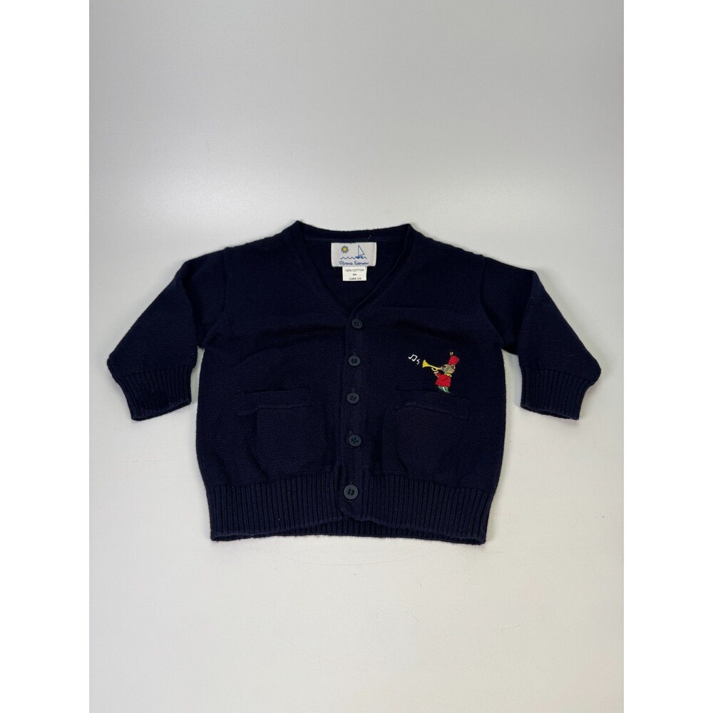 Vintage Florence Eiseman Baby Cardigan Sweater 18M Navy Cotton Button Front Blue